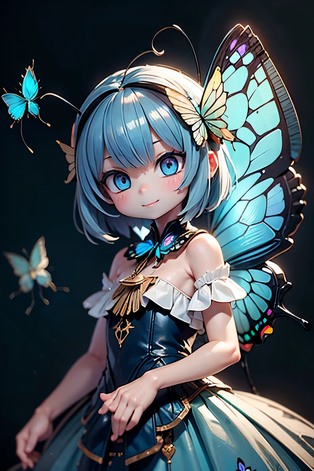 solo, female 1 person\(cute, cute,small ,Skin color is white,Light Blue Shortcut Hair,(smiling at the flag:1.2),(Big Morpho Butterfly Feather Hair:1.7),hologram colored dress\(  beautiful race  \),(Hologram Blue Eyes:1.5),(Two butterfly antennae on the hair:1.2),big cute smile,[ butterfly wings on the back  :2.0],[Butterfly wings on the body:2.0],[Butterfly Wings:2.0],[surplus arms],Butterfly Wingsは毛の部分にのみある\),background\( Dapple Sunlight ,  beautiful forest,\),quality\(8k,Very Well DetailedCGユニットのwallpaper, masterpiece,high resolution,top-quality,top-quality real texture skin,Surrealism,increase resolution,RAW photo,最高のquality,Very Well Detailed,wallpaper,  movie light,  Raytrace  ,  golden ratio,\),close-up face