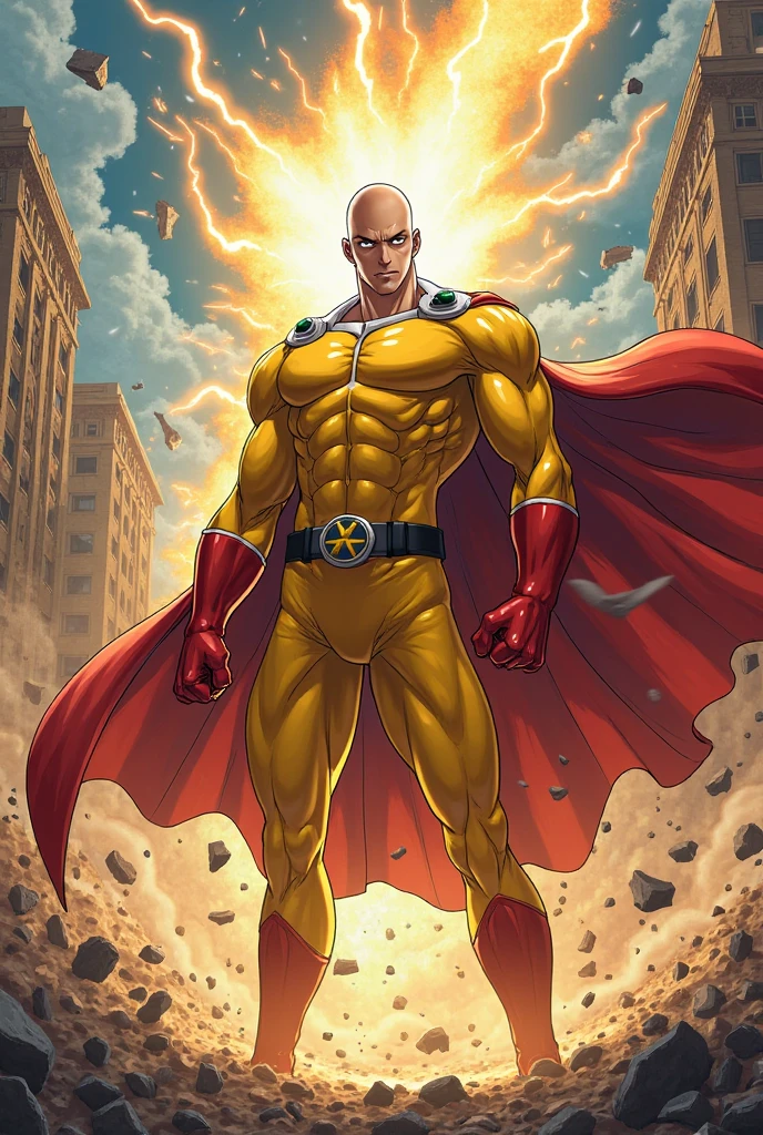 Saitama, the world's strongest hero, looks unimpressed as he stands in the middle of a city that has been completely destroyed