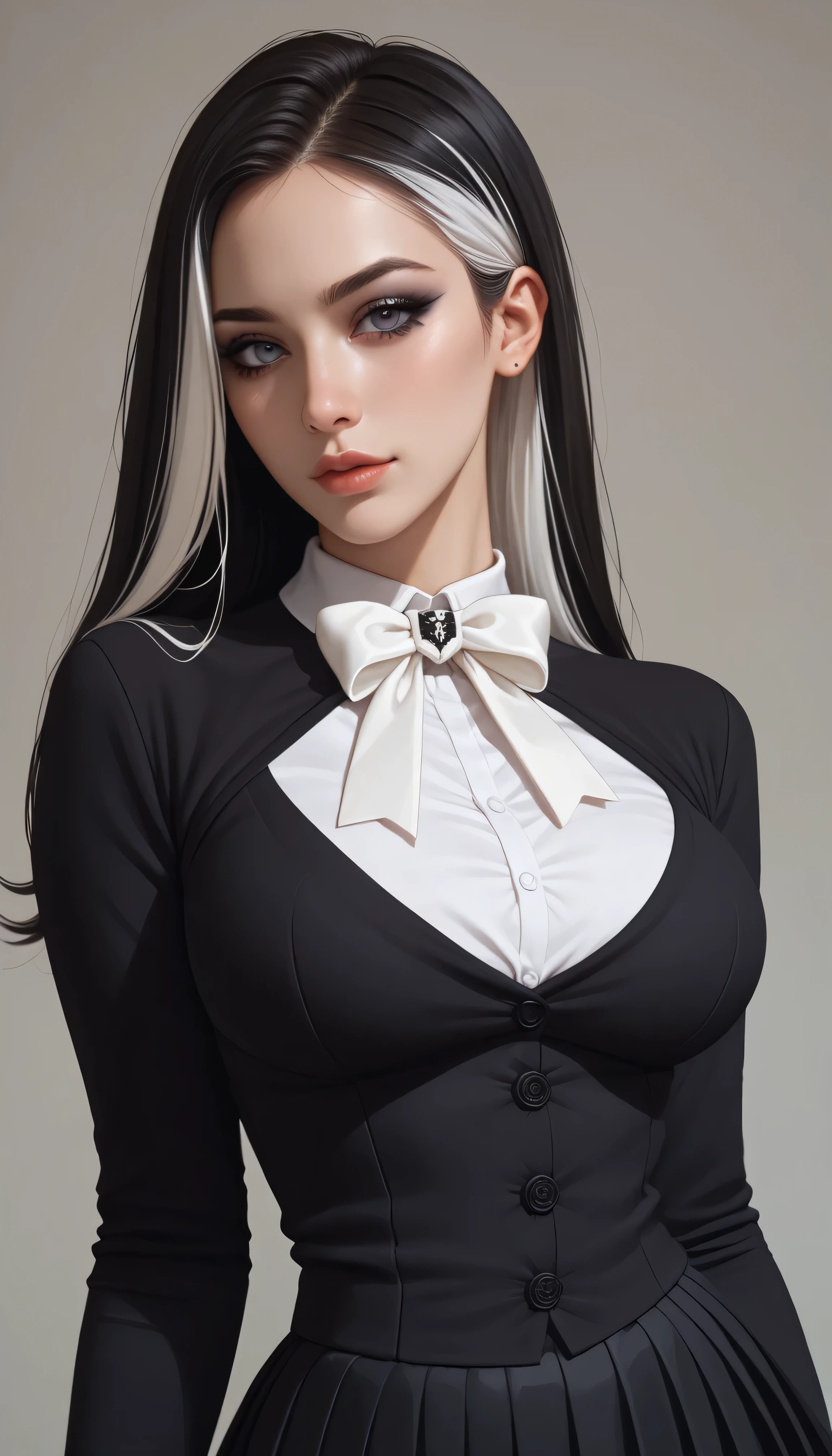 beautiful woman with medium breasts, long black hair with white highlights, looking at viewer, seductive expression, half body portrait, wearing tight black long sleeve shirt and white bow tie, wearing black laced skirt, gothic makeup, grinning