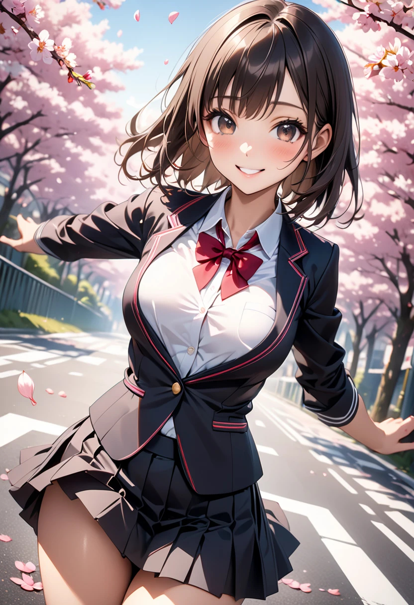 (Best Quality, masutepiece, Realistic, 16 K), ultra-detailliert, Ultra High Resolution, (Illustration), (Beautiful detailed eyes), (1girl in), (Solo), yazawa nico, (Twin-tailed:1.3), Red Eyes, Black hair, Hair Bow, single sidelock, Looking at Viewer, Long sleeves, Bow, School uniform, Jacket, White shirt, Pleated skirt, Open your clothes, Striped, Collared shirt, Miniskirt, bowtie, Red bow, Open jacket, Blue skirt,Plaid, で, plaid skirts, Blazer, Cardigan, ;D, wing collar, Blue jacket, green bow, Striped bow, winter uniform, otonokizaka school uniform, striped bowtie, green bowtie, Pink cardigan, Smile, Open mouth, Cinematic lighting, (Blurry background:1.2),Naughty big、large full breasts、,(Skirt lift:1.3), (white panties:1.3)、(Skirt that rolls up:1.3)、(Fully exposed panties:1.5),(is standing:1.3)、