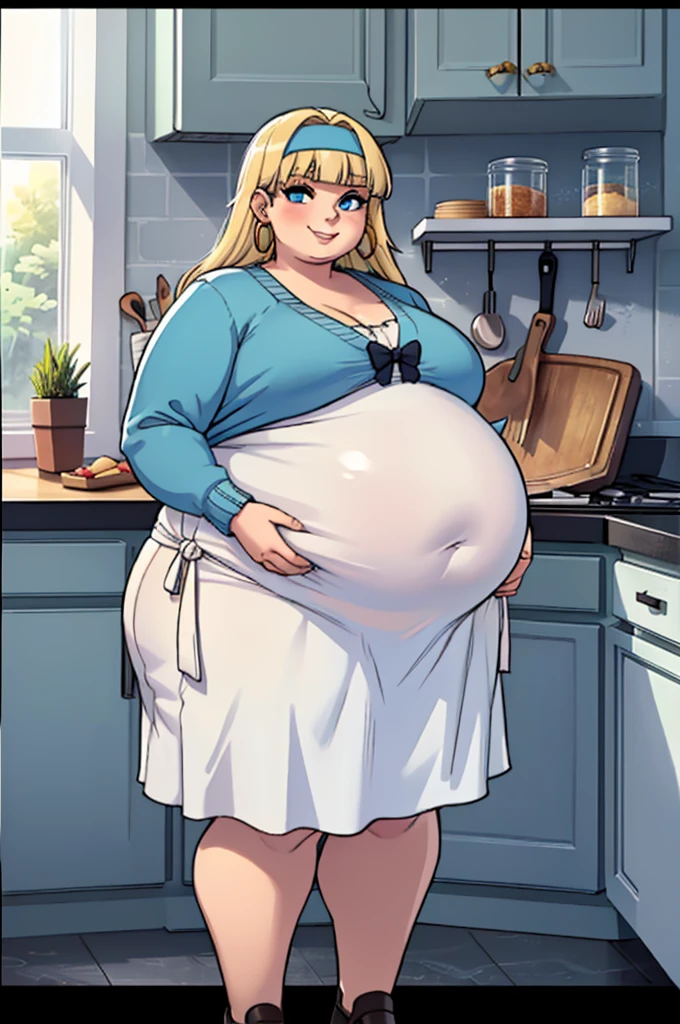 One woman in the scene, Rapunzel, bbw, fat, obese, overweight, wavy hair, bikini, huge pregnant belly, protruding navel, make-up, dungeon room, subtle smile
