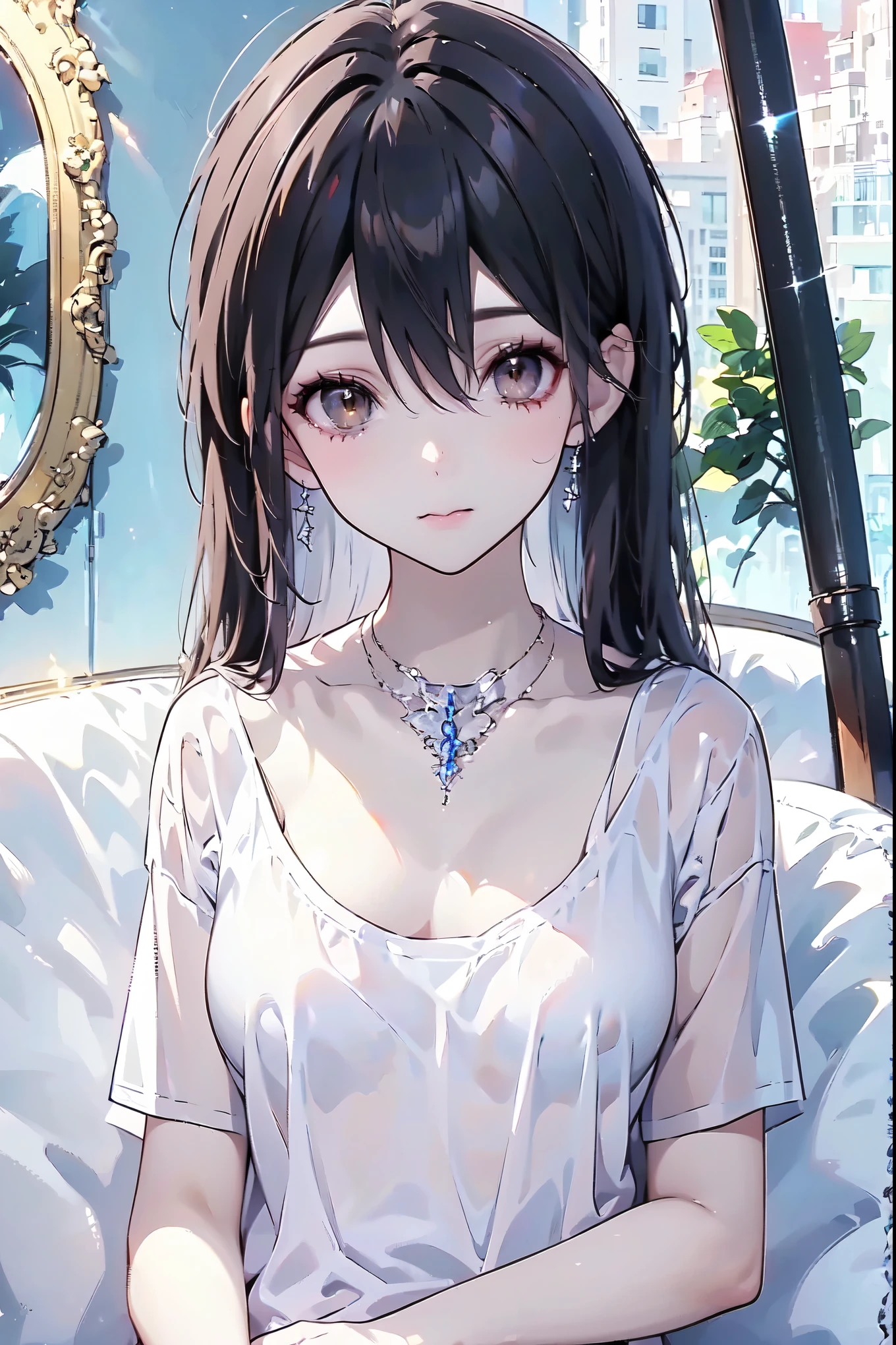 High Quality , high resolution,、 brown eyes 、big goals、 dark hair、( long hair:1.3), Straight Hair 、7 really small 、Umbilical cord、 White Short Sleeve Tee
Ong hair, Kirito , Big breasts (d), Chest,