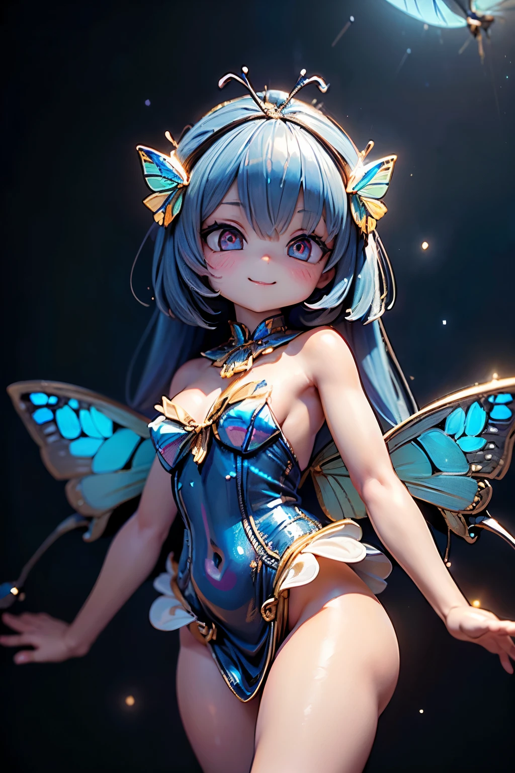 solo,1 Female,cute, cute,small ,Skin color is white,(Poses like a ballerina:1.5),(eyes that shine like jewels shining in cobalt blue:2.5),(Highlights that sparkle in the eyes, reflected light:2.5),(The cobalt blue semi-long:1.2),(smiling:1.2),(has large morpho butterfly wings growing on its back:1.7),(Beautiful dress in holographic color:1.5),big cute smile,[butterfly wings on the back:2.0],[Butterfly wings on the body:2.0],[Butterfly Wings:2.0],(the background is a starry sky and blue moon:1.5),(8k,very detailedCGユニットのwallpaper, masterpiece,high resolution, real texture skin,surrealistic,increase resolution,RAW photo,best quality to deliver,very detailed,wallpaper,Movie Lighting, Raytrace ,face close-up,(face light:2.5),(Increase overall color saturation:2.5),(cowboy shot:1.5),