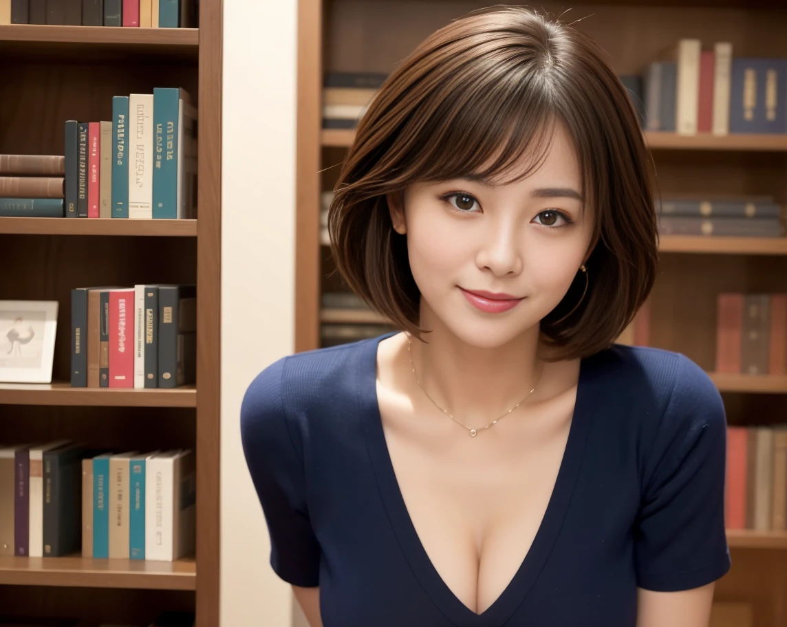 ((masterpiece))、((highest quality))、photograph、reality、High resolution、Very detailed、Married women、50 years old、short hair、Realistic background and accessories、Big and soft breasts、A carefree smile、((indirect lighting、Subdued lighting))、Light and Darkness、Shadow、Bright expression、Tight cardigan、Open valley、Office Warehouse、shelf、luggage、Sweat、Don&#39;t see the viewer、Wide Shot、High ceilings、Drawing、Wide angle、See-through、