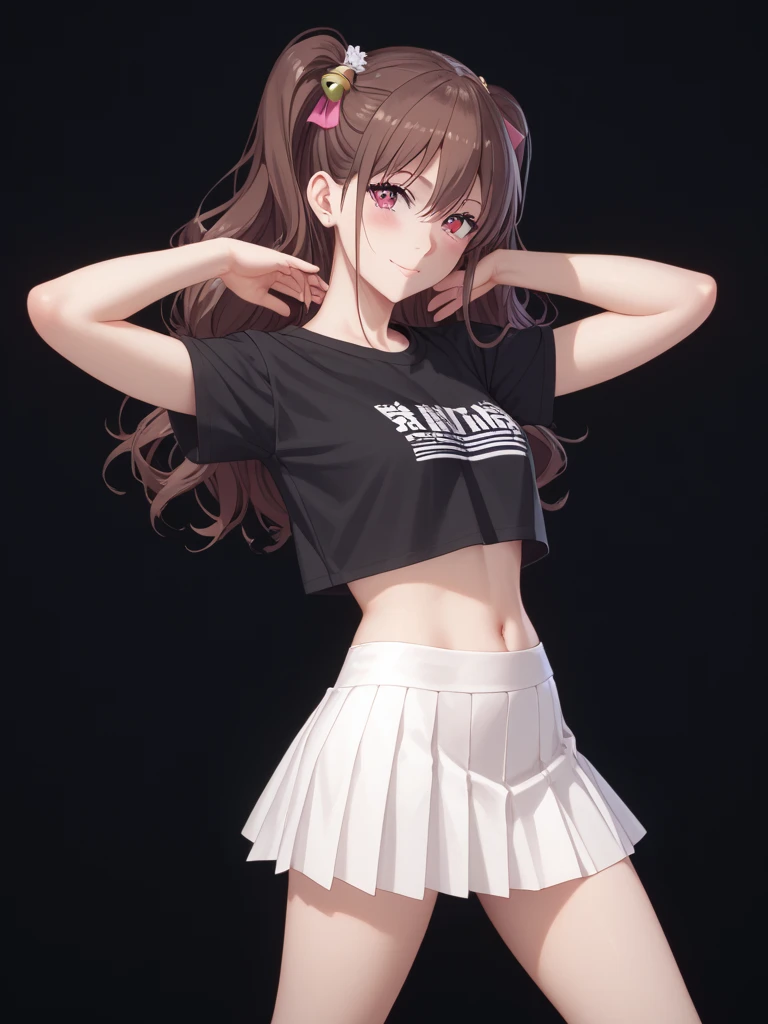 nsfw,(((perfect ???????:1.5,realistic:1.4,RAW Photography:1.4,masterpiece、highest quality、Ultra - High resolution、High resolution、Highly detailed CG、8K))),cowboy shot,1 female,solo,HIP HOP dancer,18-year-old、High school girl beautiful girl,Japanese,((beautiful detailed face and eyes:1.4,big gorgeous eyes:1.5,gray eyes)),dark brown hair,short bob hair,bangs,medium breasts,slender body,small head:1.3,skinny,(oily skin,gleaming skin,shiny skin)、((sweat:1.5)),((black collar、white cropped t-shirt、navel、Pleated black mini skirt、white panties))、camel toe,((love juice:1.5,)),squatting,spread legs:1.5,((stage、In front of an audience))、Harajuku、Tokyo、