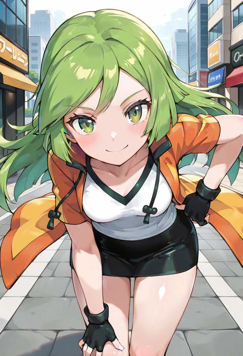 <lora:flchanv1:0.8>, flchan, 1girl, solo, green hair, gloves, fingerless gloves, boots, short hair, ahoge, elbow gloves, sitting, open mouth, smile, orange eyes, skirt, headset, knee boots, blush, black gloves, looking at viewer,