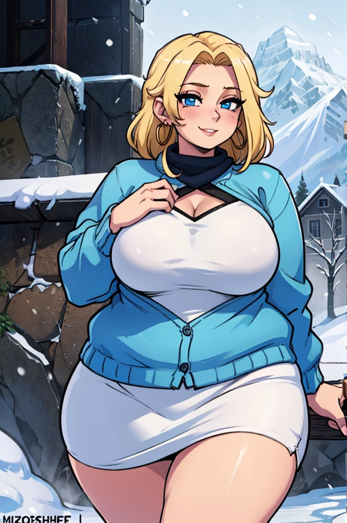 ((highres)), Masterpiece, high quality, best quality, beautiful, perfect lighting, detailed face, ultra cute face, ((1girl)), ((blush)), ((blush)), embarrassed, looking at viewer, skindentation, short white hair, fluffy hair, blue eyes, jeans, tank top, tight clothes, full body, snowy forest, large breasts, perky breasts, cleavage, ((wide hips)), ((massive thighs)), ((plump)), chubby belly, fat folds, standing, (arms behind back), looking at viewer, spoken heart,