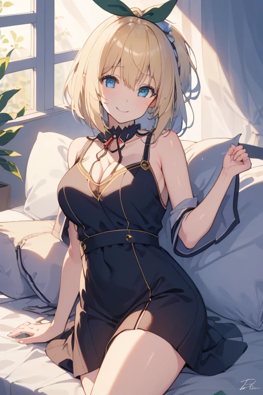 Highest quality、Ultra-precision、One Girl、(Kagamine_Also)、 Yellow Eyes、Cute S、short hair、White Hair Ribbon、Valletta、blonde、Embarrassed look、younger sister、On the bed、Large Breasts、No clothes、naked、Browsing Caution、Please show me your whole body、Beautiful nipples、Beautiful pussy