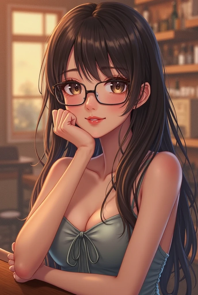 Anime woman, black hair, highlights, light tan skin, yellow eyes, sitting cross legged, smile, glasses, full body