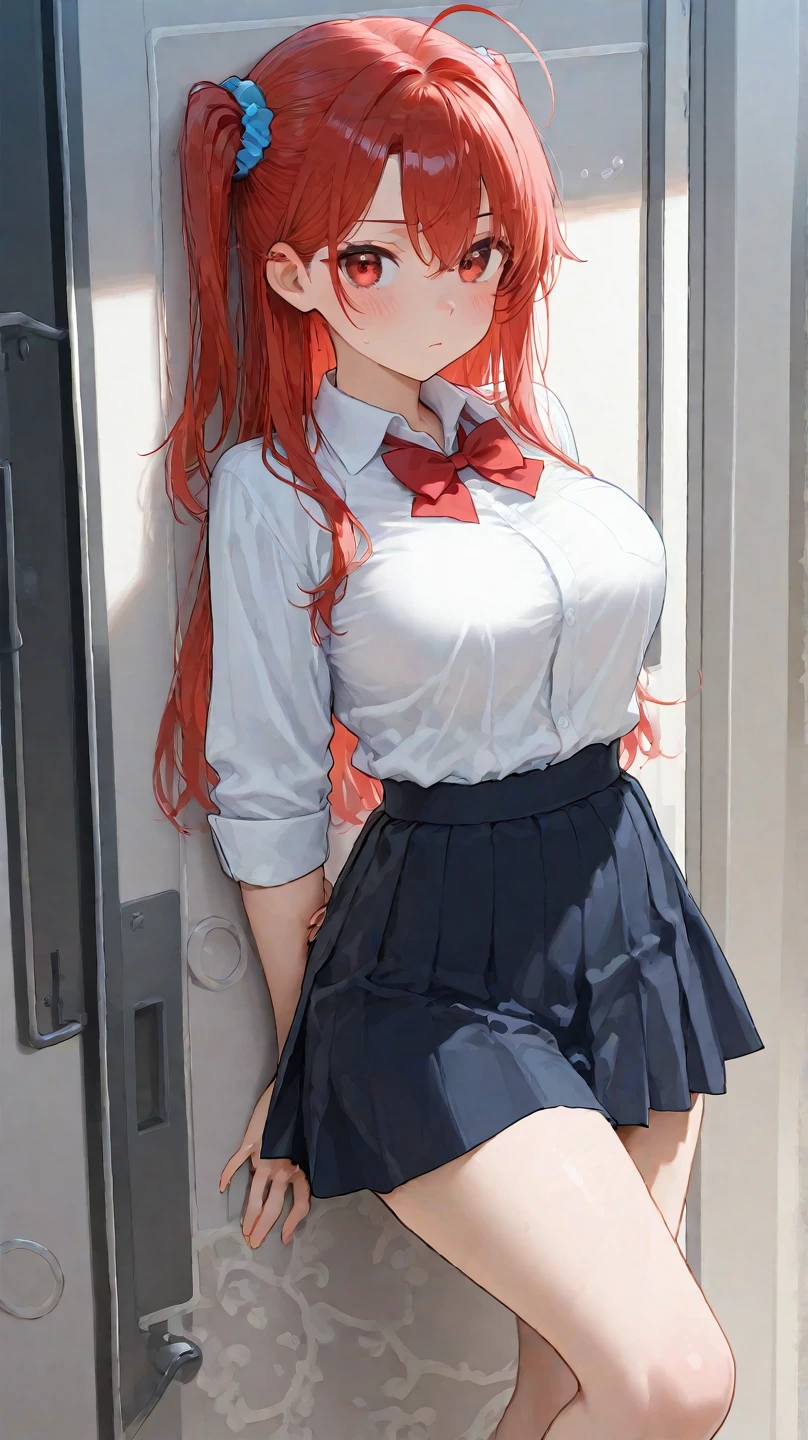 anime girl with red hair and blue eyes wearing a skirt and an open shirt revealing a black bra