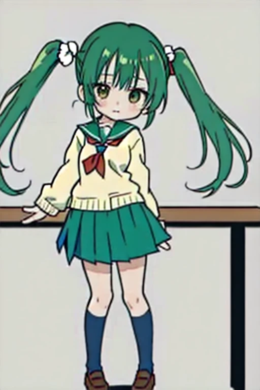 {highest quality}, {{masterpiece}}, {High resolution}, woman,student,School zone,Green Hair,Yellow Mesh,Light blue eyes,Twin tails,Long Shot,