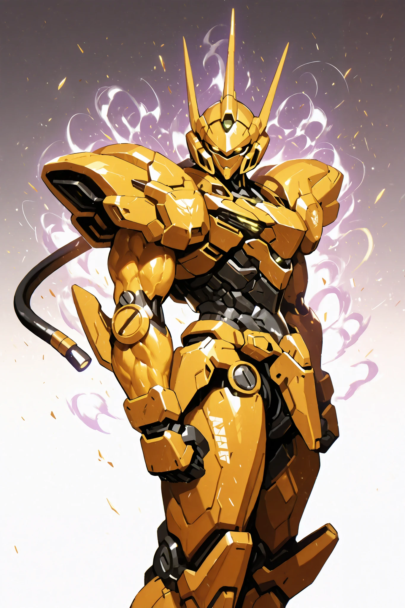 solo, silhouette, shadow of Female Mecha Suit, Feminine character, In A Yellow Mech, wallpaper quality, on a loading screen, fighting stance, solo, aura, waist up, ((Chest up)), (Female Body, Mechanical Appearance, wires for Hair), sinister stare, neon lighting, glowing trimming, glowing edges, Yellow Mech Eyes, Yellow Mechanical Sparks, black sclera, glowing Yellow highlights, repeating background, gradient background, glowing borders, glowing eyes, (Athletic muscles:1.5), Mecha Suit, masterpiece, straps, Female Mech, simple white background, correct anatomy, correct hands, best quality,