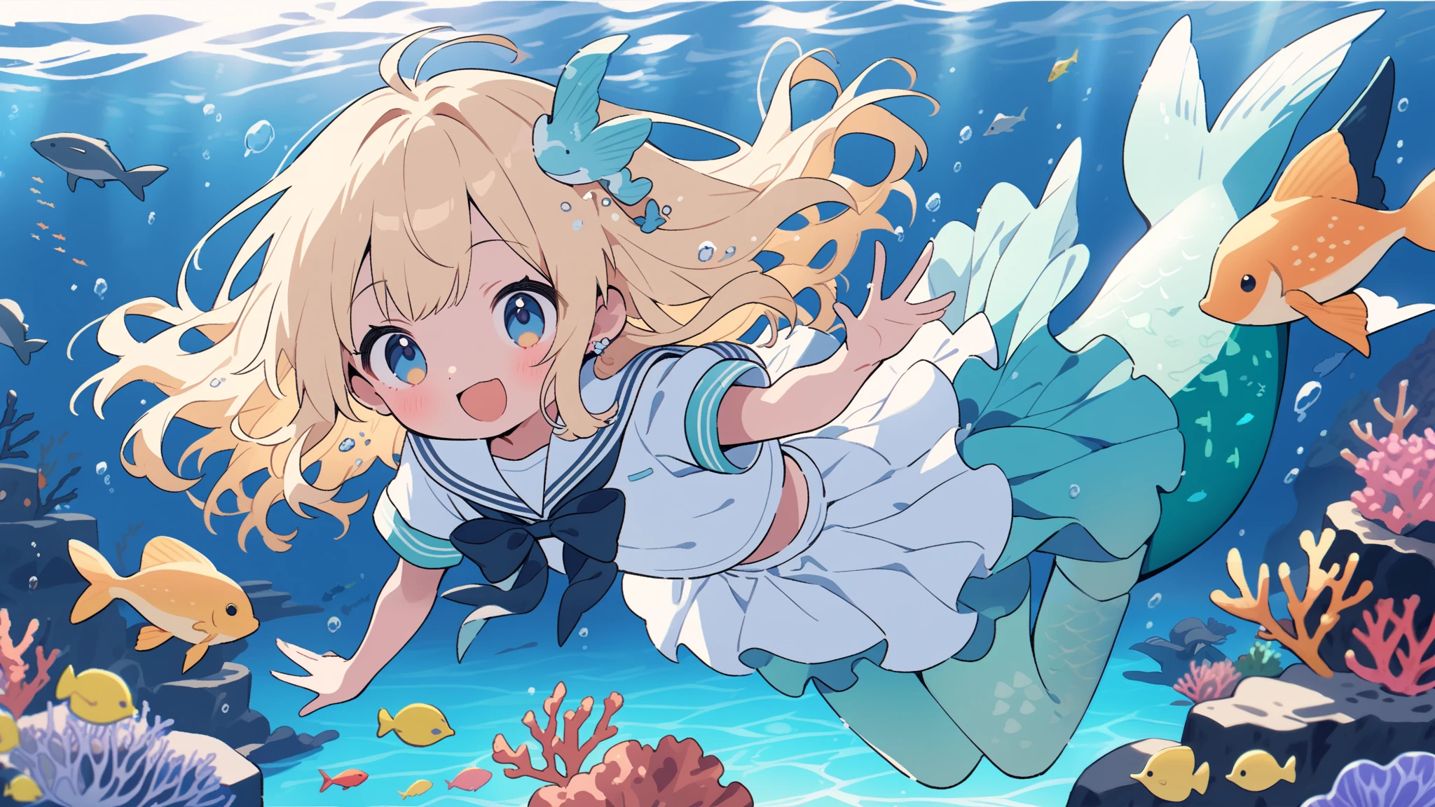 One Girl, smile, blonde、Red hair ribbon、whole body、 Primary school students、Blue Uniform、Blue long skirt、Hands raised、Lift your legs、(Pulling on skirt)、Drowning in the sea、Splash art anime、Embarrassed face、Water Play、Photographed while submerged in the sea、(The skirt spreads out on the water)、skirt open、cute、blush、White children's panties