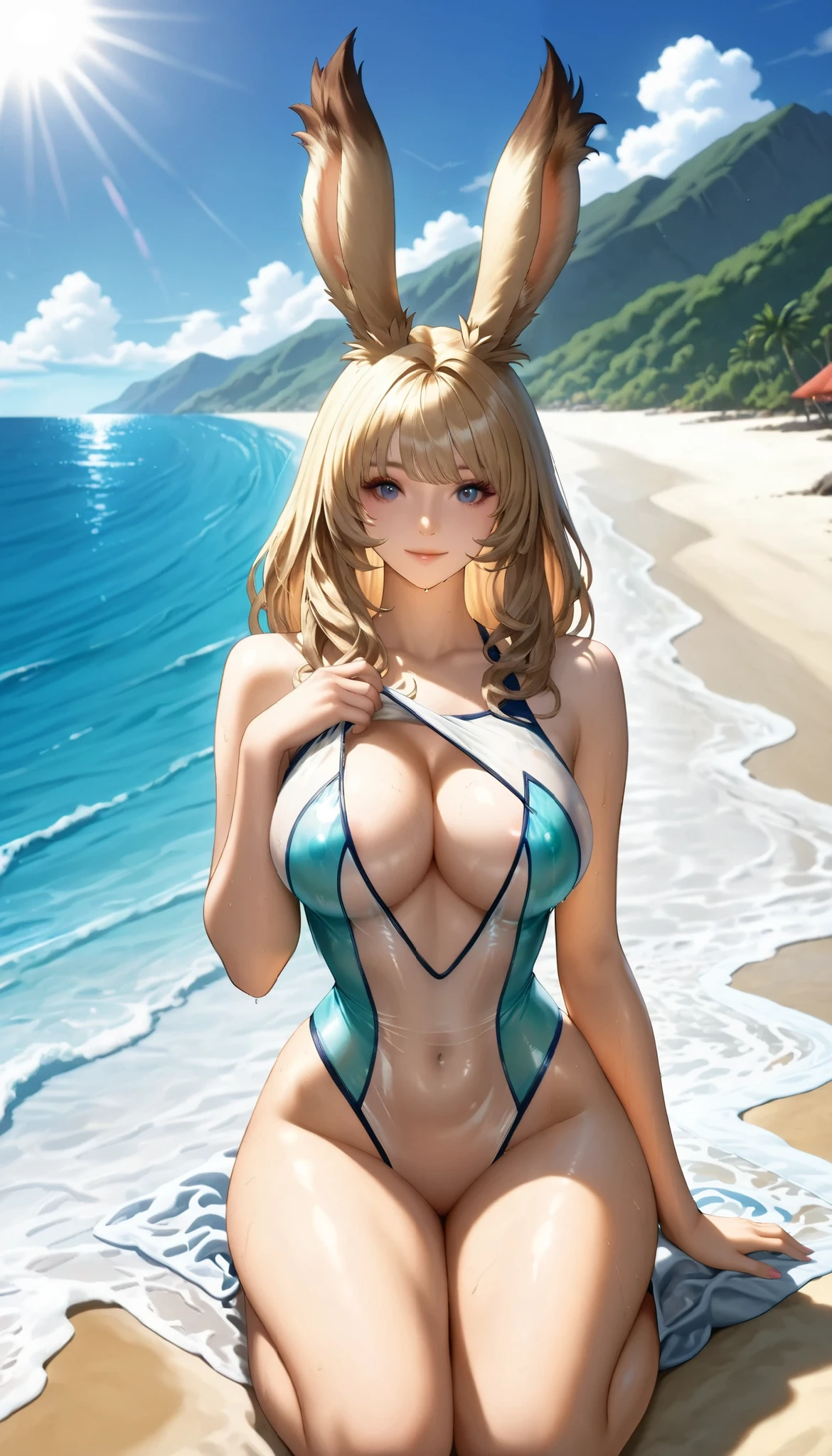 Cute Viera girl wearing transparent swim suite ,   , BEAUTIFUL ANIME STYLE PORTRAIT, Extra ,  detailed portraits of anime girls ,  Beautiful Anime Portrait , BEAUTIFUL ANIME WOMAN , digital animated illustration,  Anime Style Portrait  , (非常の細やかな顔の描写:1.3), full body shot, Additional Art ,realistic, beautiful anime girl showing naked skin,  ((:1.2), (:1.2), (Uplifted and well-defined bust:1.2), (lifted chest:1.2), (perky breasts :1.2),(deep cleavage:1.4), anime-style digital art , animated illustration, , , on beach, sun shine 