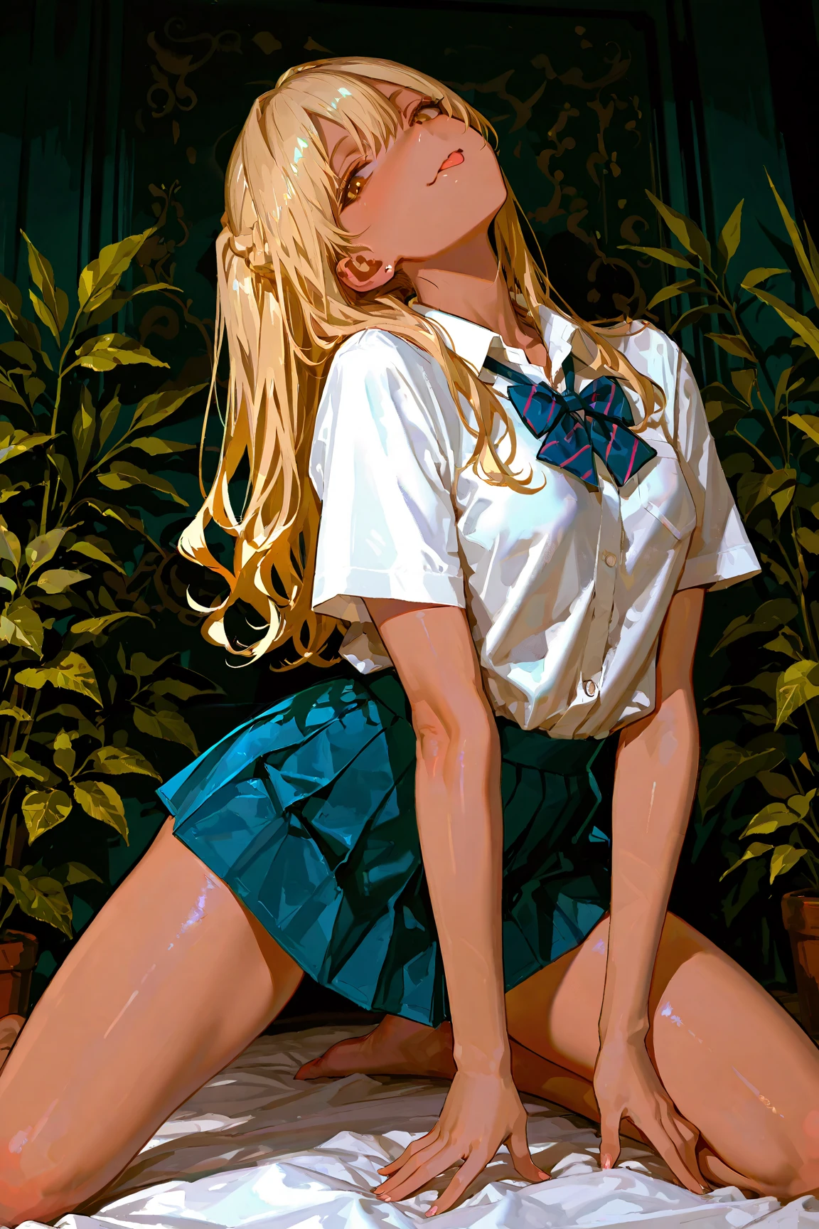 ((European pre-teen)), beautiful girl, Light blue eyes, T-shirt with exposed shoulder, Tiny pleated skirt, no panties, close-up from thighs to face, shot from below, very fair skin, very long hair, wavy hair , blonde hair, ancient temple, sunrise, photorealistic, Indirect lighting, volumetric light, ray tracing, hyper-detailed, best quality, ultra-high resolution, HDR, 8k