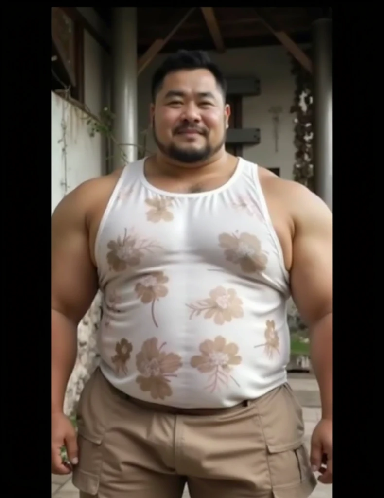 handsome man with a thin face of Japanese descent with a bloated and pot belly and muscular arms but his body is fat wearing a white shirt