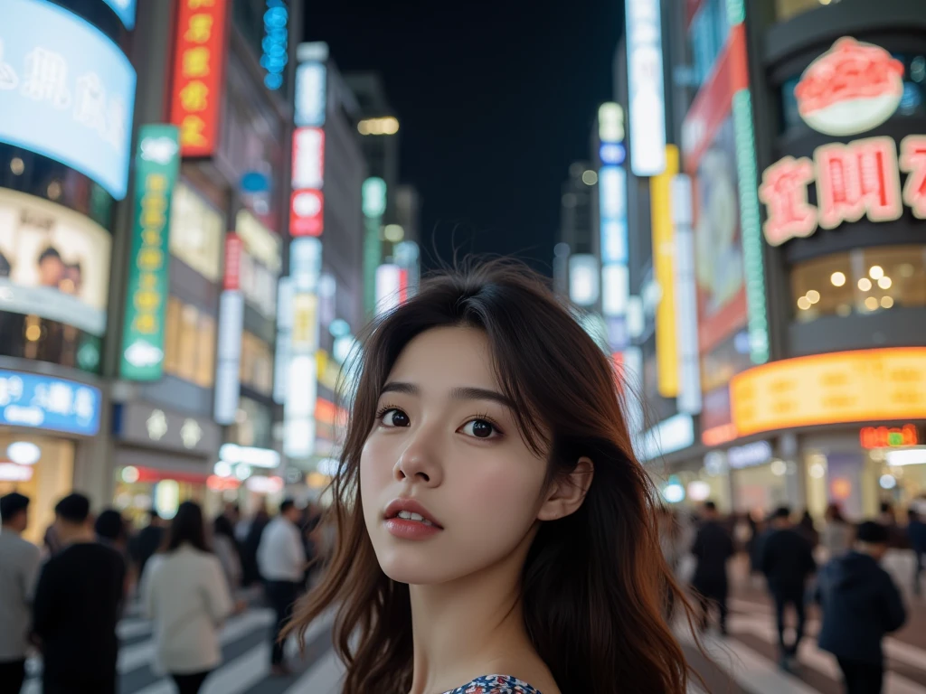 女の子1人、Women around 20 years old、Fashionable clothes、a picture、realisticlying、top-quality、adopt、A detailed face、细致背景(Shibuya)、diffuse sunlight、depth of fields、angle of view(The upper part of the body)、独奏