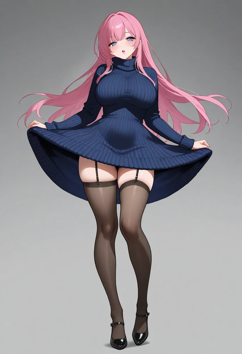 obra maestra,Mejor calidad, 1 chica, solo, Caucasian, pale skin, long curly auburn hair, ojos color avellana, traje de falda rosa, chaqueta rosa, corbata rosa, pink pencil skirt, Tacones altos negros, cuerpo completo, sonrisa