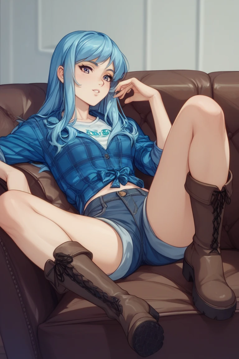 chaesu-minah, blue hair, blue eyes, 1girl, solo, tasteful nudity, big breasts, scenery, masterpiece, best quality, highly detailed