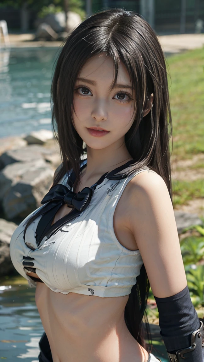 A masterpie、best qulaity、ultra-highres、(20yo,Mature cool and beautiful face)、(photo realistic image:1.4)、((1girls、White fair skin:1.4、19-year-old、spotless、a Pretty、black haired、Bangs、Big breastassive underboob、chests、Expose muscles、Sweat muscles, (((Boa Hancock))), Boa Hancock from one piece )、(smile on face、Happiness、joy、frisky、closes mouth)、High detailed eyes、long neck、eye liner、Lashes、Big eyes、((Very beautiful、Very beautiful))、(((natural day light、Put your ears out、Staring at viewer、Entice your audience、Burst breasts、Highlights in the eyes)))、pools、Blur the background、alluring face、perfectbody、(Oiled skin, shining skin、high gloss skin、Constriction、Professional lighting ), long hair