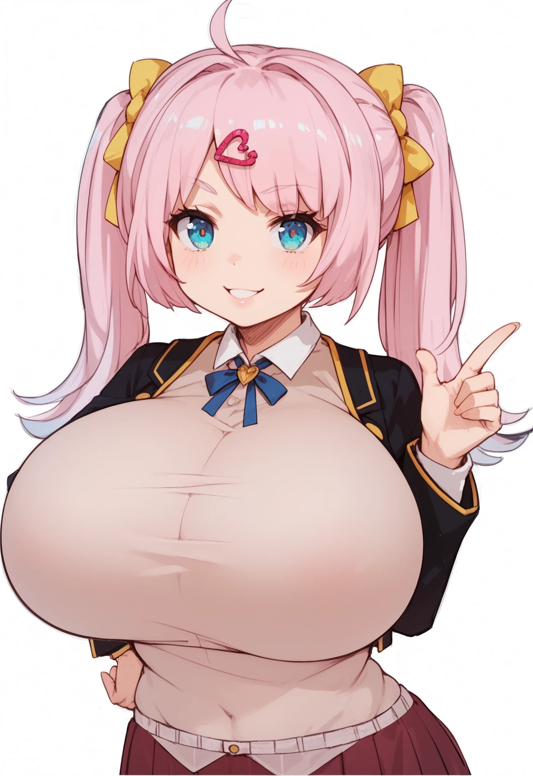 masterpiece,highest quality,(Super detailed),masterpiece,written boundary depth,perfect sentence, Detailed CG,Super detailed,(highly detailed eyes,very cute face,highly detailed face:1.3),beautiful anime girl,(solo girl:1.9),(very big :1.9),(a swollen chest:1.9),(huge big breasts:1.9),(pink hair,low twin tails:1.5),(light blue eyes),(smile:1.3),open your mouth,show viewer,(steampunk costume,Steampunk background:1.5),Leather long coat,steampunk top hat,blouse with white frills,Brown High Waist Skirt,brooch,knee high boots,Brass Accessories,(whole body,put one hand on your waist,強気なsmile:1.2),Steampunk Cityscape,city at dusk