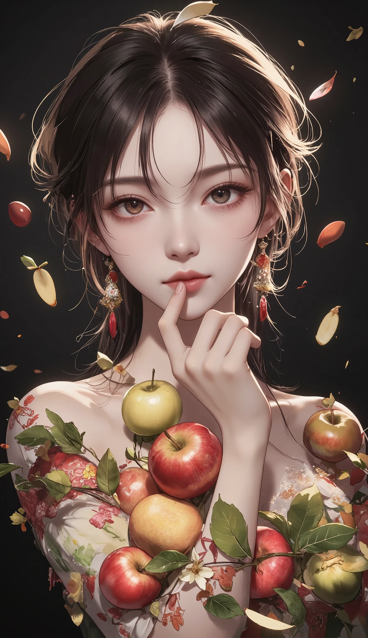 masterpiece, Best Quality, ultra resolution, perfect anatomy, one woman、Detailed Faces、The screen is covered with apples、My body is also buried in apples、The apples are in perfect condition、Various colored apples、dramatic、dynamic、absurd、metaphysics