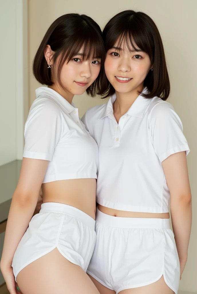Two girls standing at ear window in school classroom,White dress,break,bangs,smile,Short hair with low pigtails,from before,Front light,(( at 14 years ollicate、Sexy clavicle and flat chest、Very small breasts))、My whole body is soaked、Lifting the hem of her skirt to show her white panties