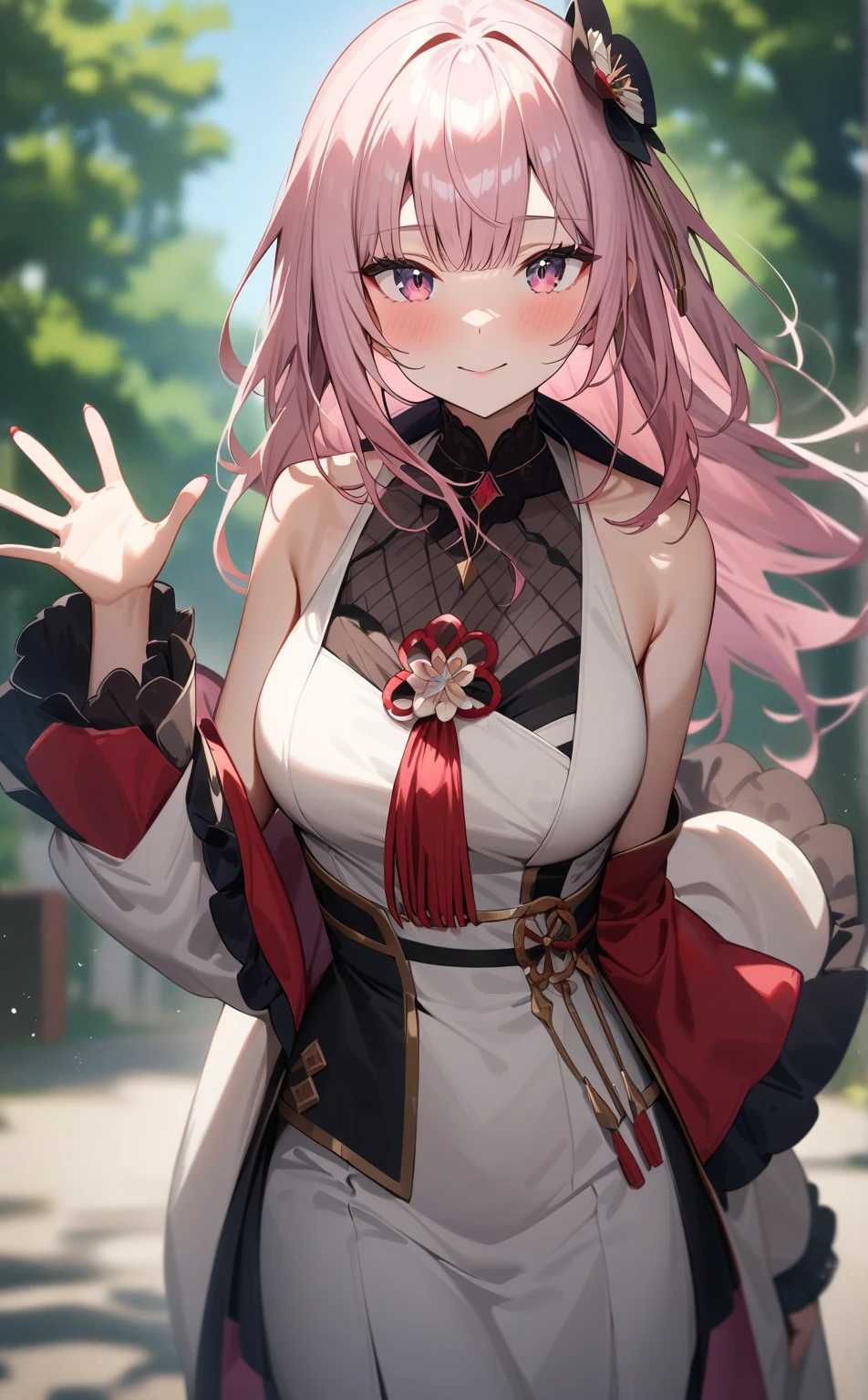 An adult woman, half fox, pink and white ears, pink and white hair, pink eyes, little white and black dress, wide breasts, very happy