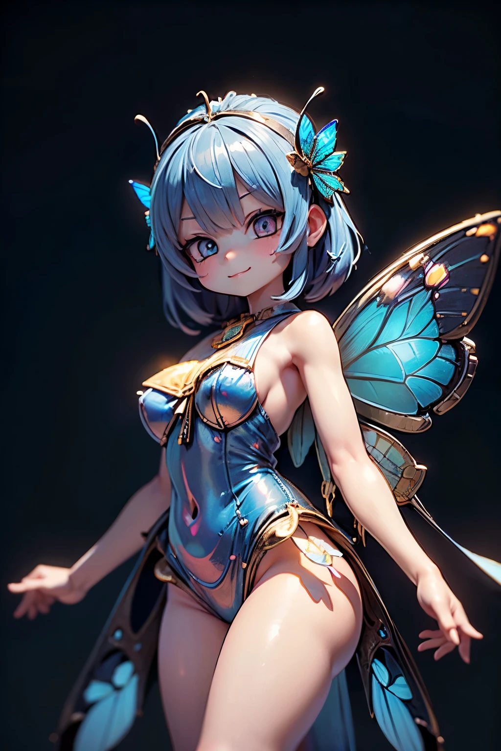 solo,1 Female,cute, cute,small ,Skin color is white,(Poses like a ballerina:1.5),(eyes that shine like jewels shining in cobalt blue:2.5),(Highlights that sparkle in the eyes, reflected light:2.5),(The cobalt blue semi-long:1.2),(smiling:1.2),(has large morpho butterfly wings growing on its back:1.7),(Beautiful dress in holographic color:1.5),big cute smile,[butterfly wings on the back:2.0],[Butterfly wings on the body:2.0],[Butterfly Wings:2.0],(the background is a starry sky and blue moon:1.5),(8k,very detailedCGユニットのwallpaper, masterpiece,high resolution, real texture skin,surrealistic,increase resolution,RAW photo,best quality to deliver,very detailed,wallpaper,Movie Lighting, Raytrace ,face close-up,(face light:2.5),(Increase overall color saturation:2.5),(cowboy shot:1.5),
