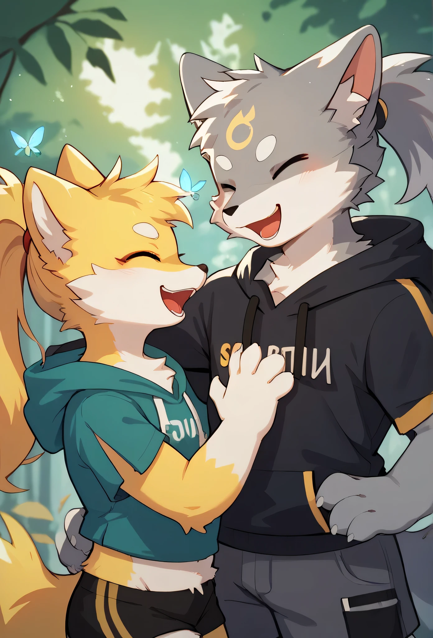 Couple wearing fur , of a young male fox with golden fur and a female with silver fur, in the moonlight,both characters have expressive eyes,The two laugh at each other,Laugh a lot,(Gray male)(A yellow female with a ponytail)The background is a serene forest clearing illuminated by soft moonlight and glowing fireflies. art style: anime, soft writing, very detailed, Romantic Atmosphere. top quality, super detailed,4K resolution,Hoodie and shorts,Female with yellow fur and male with gray fur