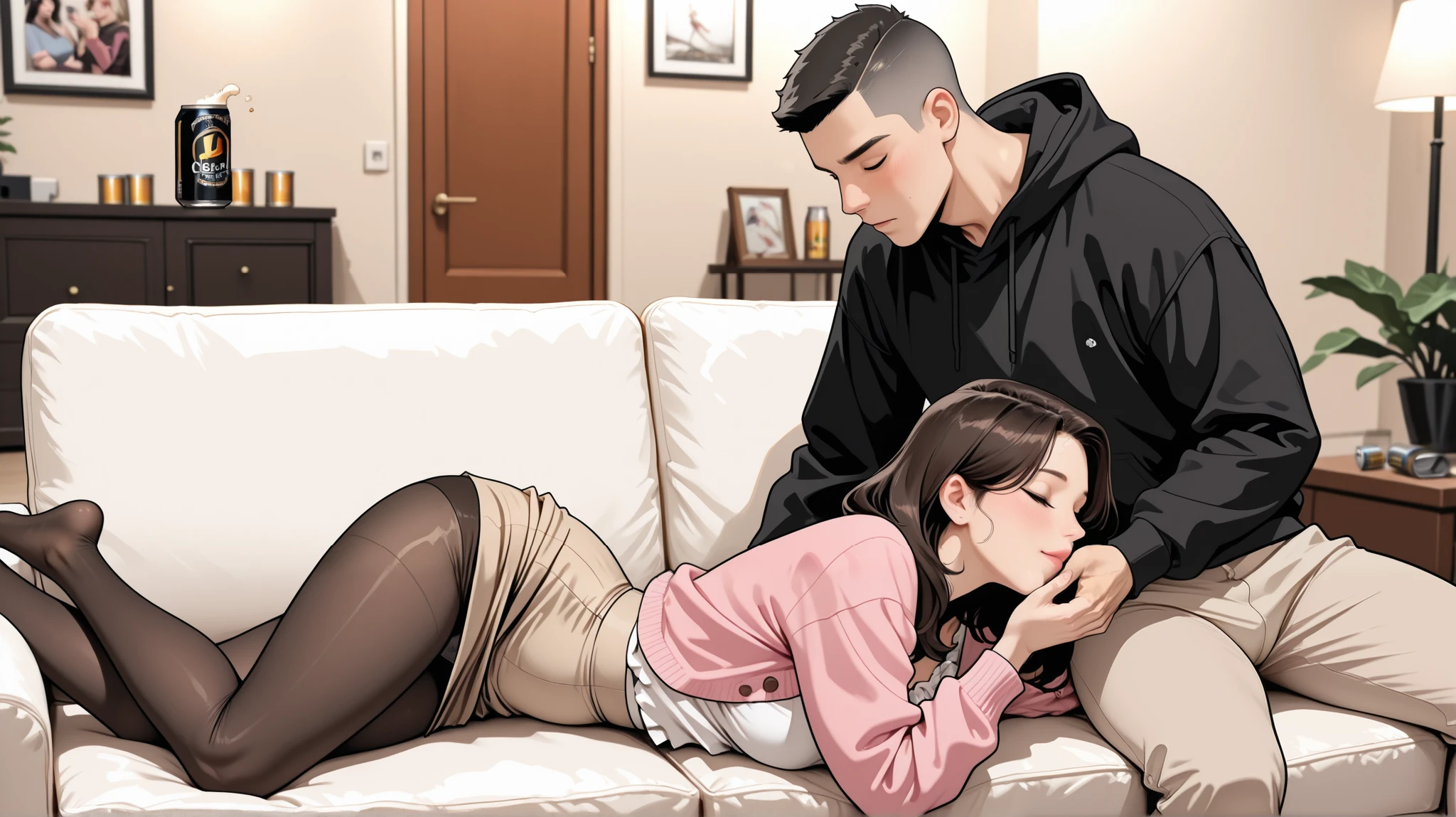 high quality, Perfect Dynamic Figures, living room, white sofa, Closed eyes, loose hair , Crew cut boy wearing a black hoodie caressing a Korean mature woman, pink cardigan, white blouse, beige flared skirt, ((pantyhose)), panties, canned beer