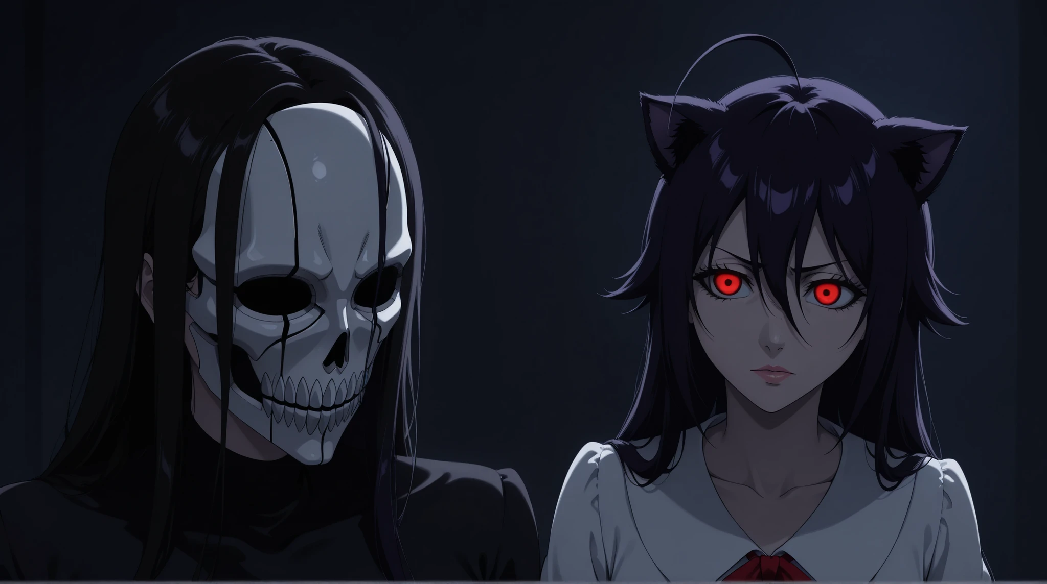 Vasto Lorde, Bleach Anime, Hollow, Dark, Shinigami, Hollow Mask, junkotvvxl , sola, red eyes, black hair, cat ears, blows, hair between eyes, long hair, , (Ahoge), straight bangs, hair between eyes, fondo el cielo azul, una katana Zangetsu (斬月)  en la mano color negra