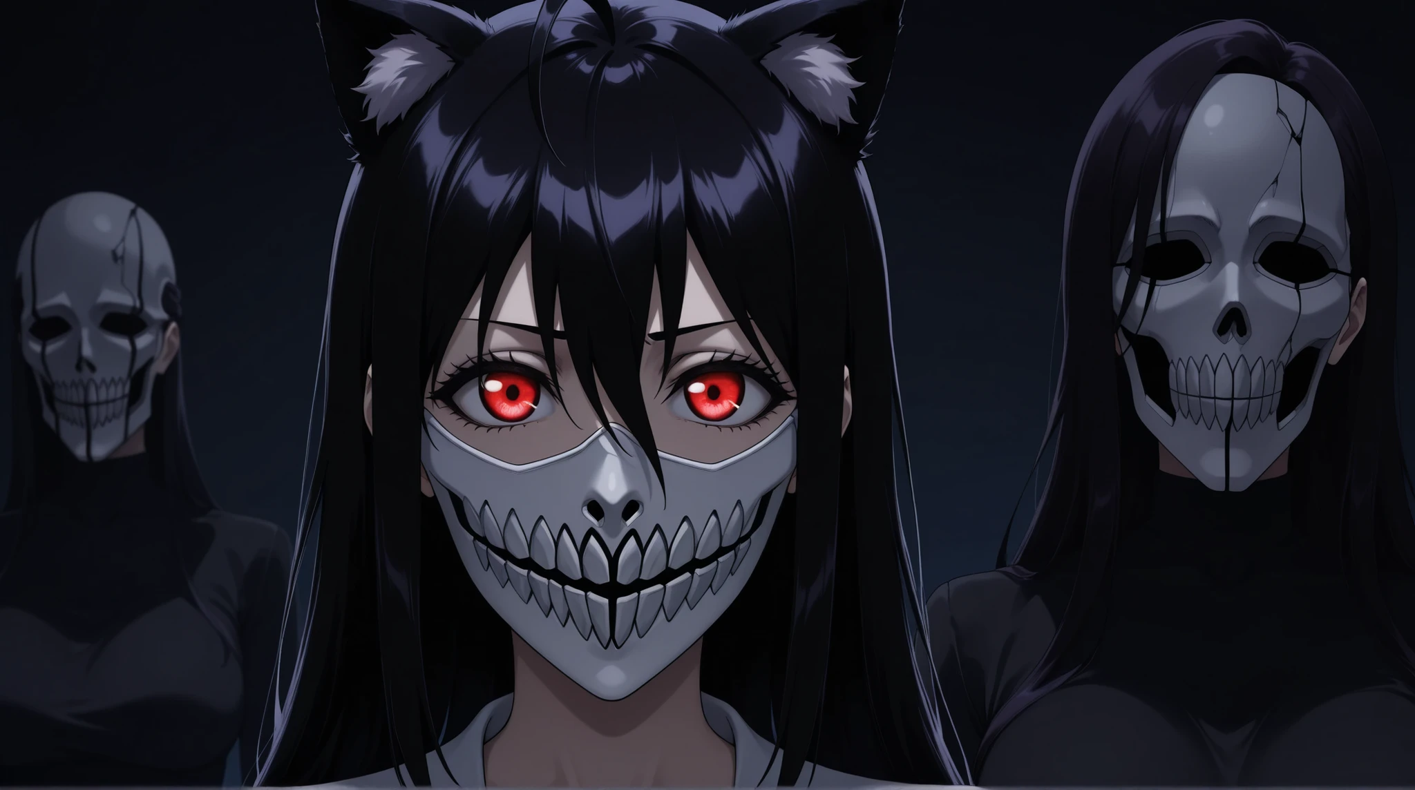 Vasto Lorde, Bleach Anime, Hollow, Dark, Shinigami, Hollow Mask, junkotvvxl , sola, red eyes, black hair, cat ears, blows, hair between eyes, long hair, , (Ahoge), straight bangs, hair between eyes, fondo el cielo azul, una katana Zangetsu (斬月) en la mano color negra