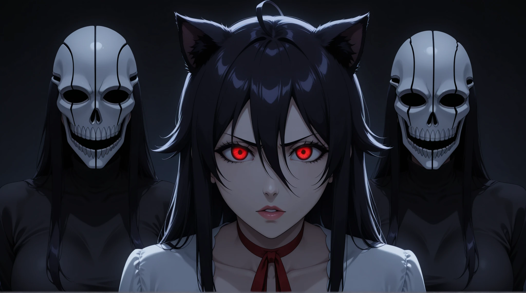 Vasto Lorde, Bleach Anime, Hollow, Dark, Shinigami, Hollow Mask, junkotvvxl , sola, red eyes, black hair, cat ears, blows, hair between eyes, long hair, , (Ahoge), straight bangs, hair between eyes, fondo el cielo azul, una katana Zangetsu (斬月) en la mano color negra