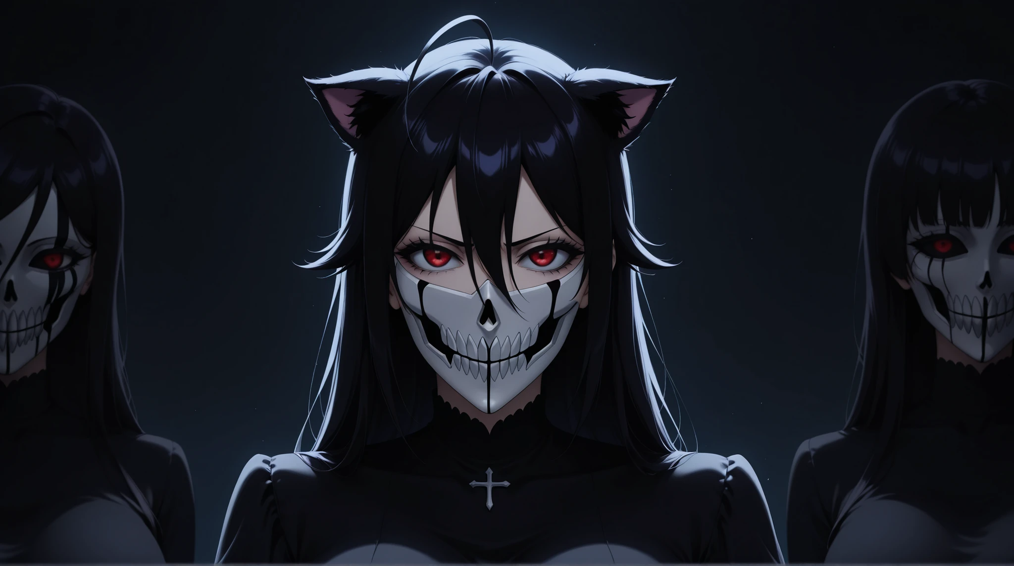 Vasto Lorde, Bleach Anime, Hollow, Dark, Shinigami, Hollow Mask, junkotvvxl , sola, red eyes, black hair, cat ears, blows, hair between eyes, long hair, , (Ahoge), straight bangs, hair between eyes, fondo el cielo azul, una katana Zangetsu (斬月)  en la mano color negra