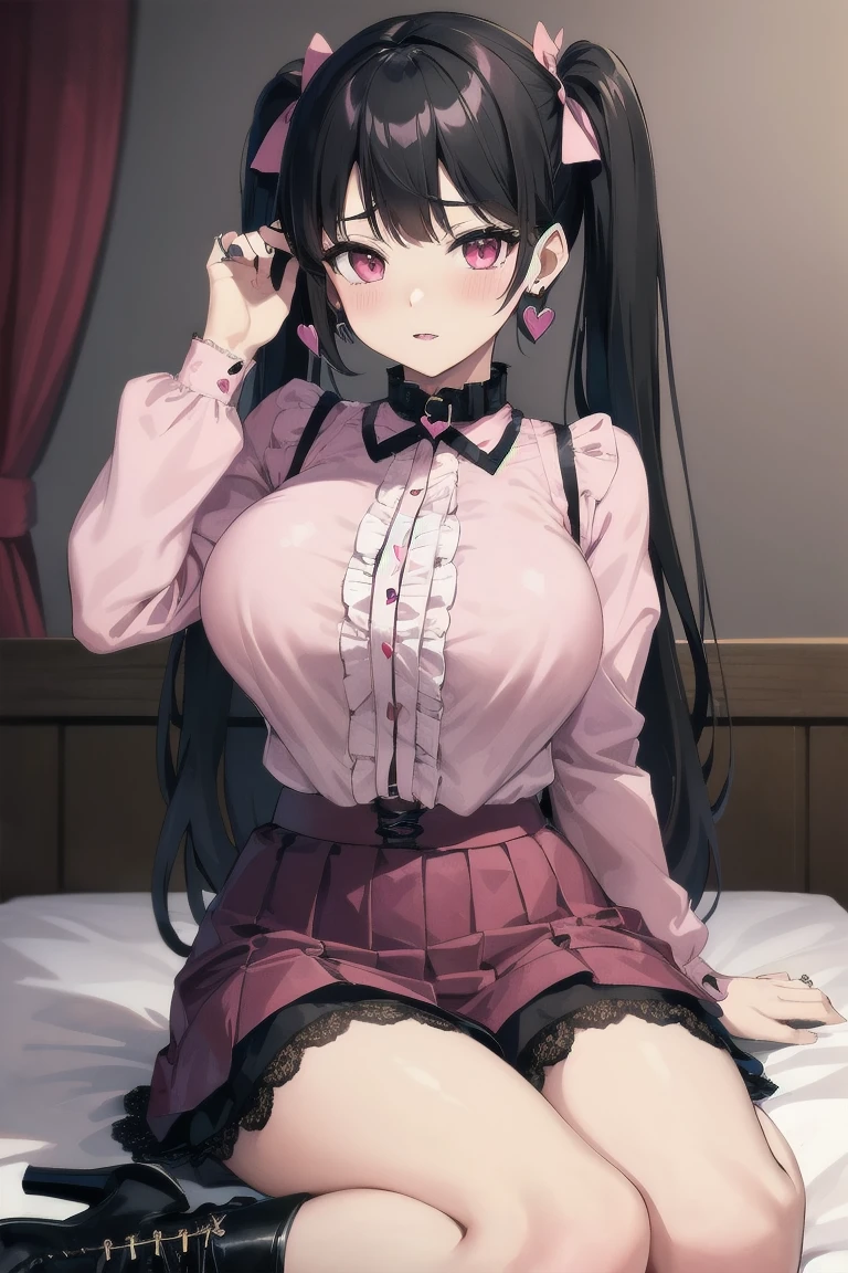 1girl, solo, black long hair, (twintails:1.2), blunt bangs, (pink ribbon:1.05), black hair, earrings, purple eyes, long eyelashes, red eyeliner, large breasts, jirai kei,
cowboy shot, (cardigan:1.2), (black pleated skirt:1.1), looking at another, look down, full-face blush,
hands up, hand covered mouth,
messy room, window, boys room, bed, sitting on bed,
(watercolor \(medium\):0.9), (graphite \(medium\), sketch:0.8), best quality, <lora:MichikingXLV1:0.8> <lora:sdxl2-flat2-512b:-1> <lora:kincora_XL_style_v01.10.02:0.4> <lora:xfingersXLv2:0.7> x fingers