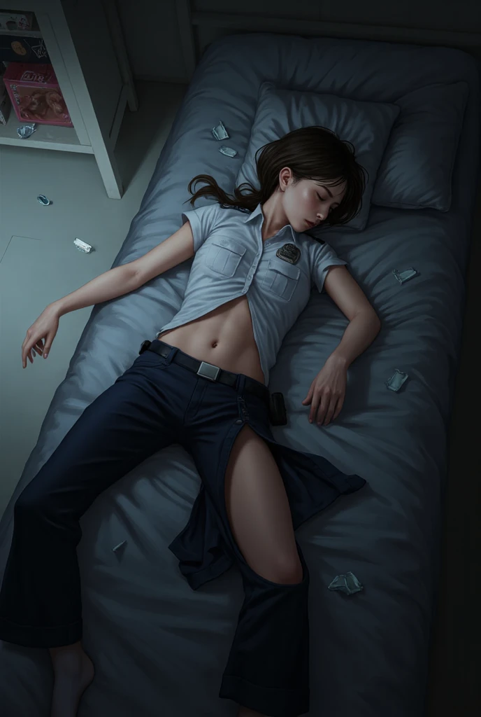 19 y.o., 1 girl, Claire Redfield, very small breast, detailing face, detailing body, big hips, small ass, brown hair, cute, detailing face, source_anime, large laboratory, white tank- top, oversized tank-top, millitary uniform, barefoot, dirty skin, wounds, bruises, fatigue, dirty hair, fatique on face
