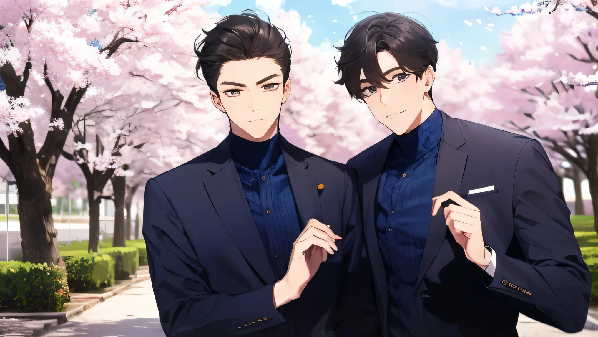 Two adult men Two handsome guys very short black hair wear only navy tight high neck long sleeve shirt cherry tree at the entrance ceremony blue sky Cherry blossom trees in the background cherry blossoms in full bloom Two adult men Two handsome guys Big face Big face アップで face up