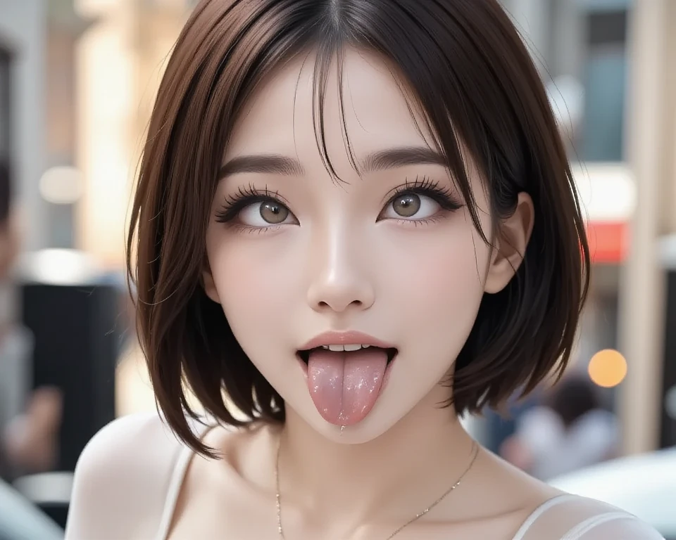 (highest quality、Tabletop、8k、Best image quality、Award-winning works)、1. pretty girl、(A fluffy and elegant white V-neck cardigan:1.1)、(An elegant cardigan with a very smooth and high-quality texture..:1.1)、Perfect girl portrait photo、Glowing Skin、Brown Hair、(Cleavage:1.1)、Standing Elegantly、(Face close-up:1.1)、(Open your mouth and stick out your tongue:1.2)、(Perfect beautiful tongue:1.2)、Cute Smile、(The simplest beige background:1.1)