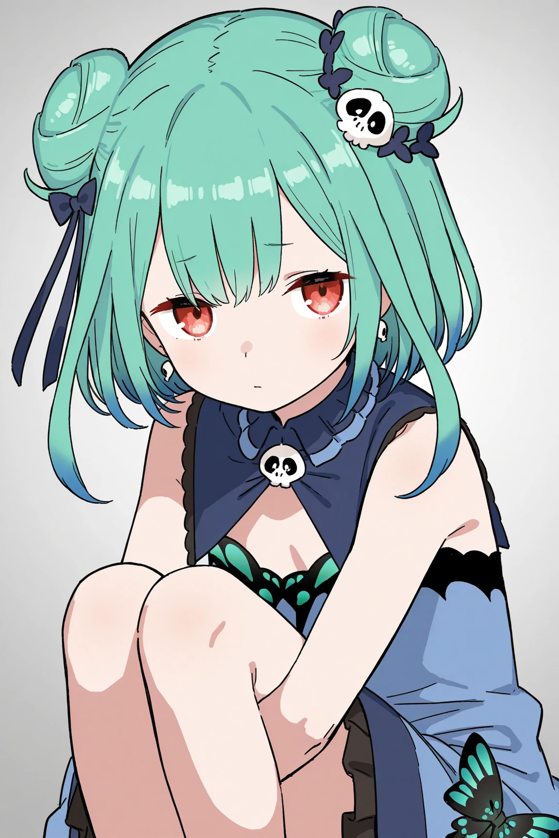 Chica anime con cabello largo de color verde claro, con ojos parecidos a esmeraldas muy verdes, su color de piel es clara, usa un vestido blanco total con volantes sin decoraciones casi pareciendo un trapo dejando ver sus brazos expuestos, She has only one large pink flower in her hair as decoration, tiene una mirada casi inexpresiva y profunda sin mostrar enojo.
