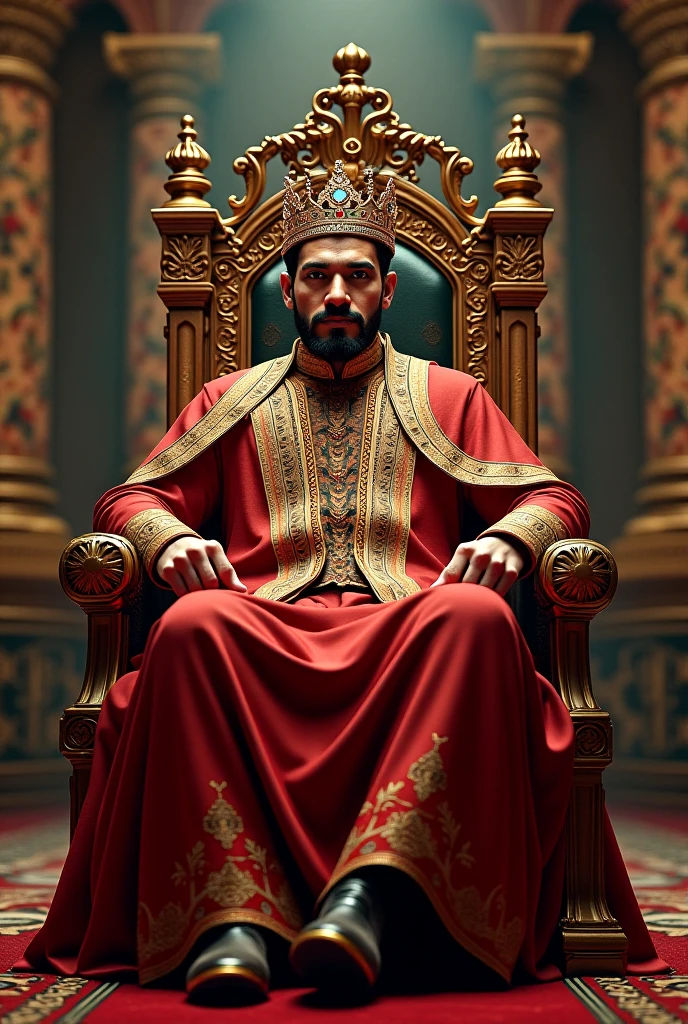 full body image of a handsome man with crossed arms in his early 30s ((king outfit)) sitting on a red-gold throne with two beautiful and passionate ((goddess)) women behind the sofa. High contrast, sharp focus, detailed skin. Perfectly detailed, high definition, intimate atmosphere Perfect eyes. captured in high-resolution detail, creating a visually stunning and mesmerizing scene. The mood is one of captivating energy and artistic expression. 3D abstract rainbow liquid art with dramatic lighting and vivid colors, captured from an underwater perspective with low angle shots. Paint is sprayed from both sides, creating hypnotic and mesmerizing compositions against a black void background in ultra-detailed, high-resolution realism.