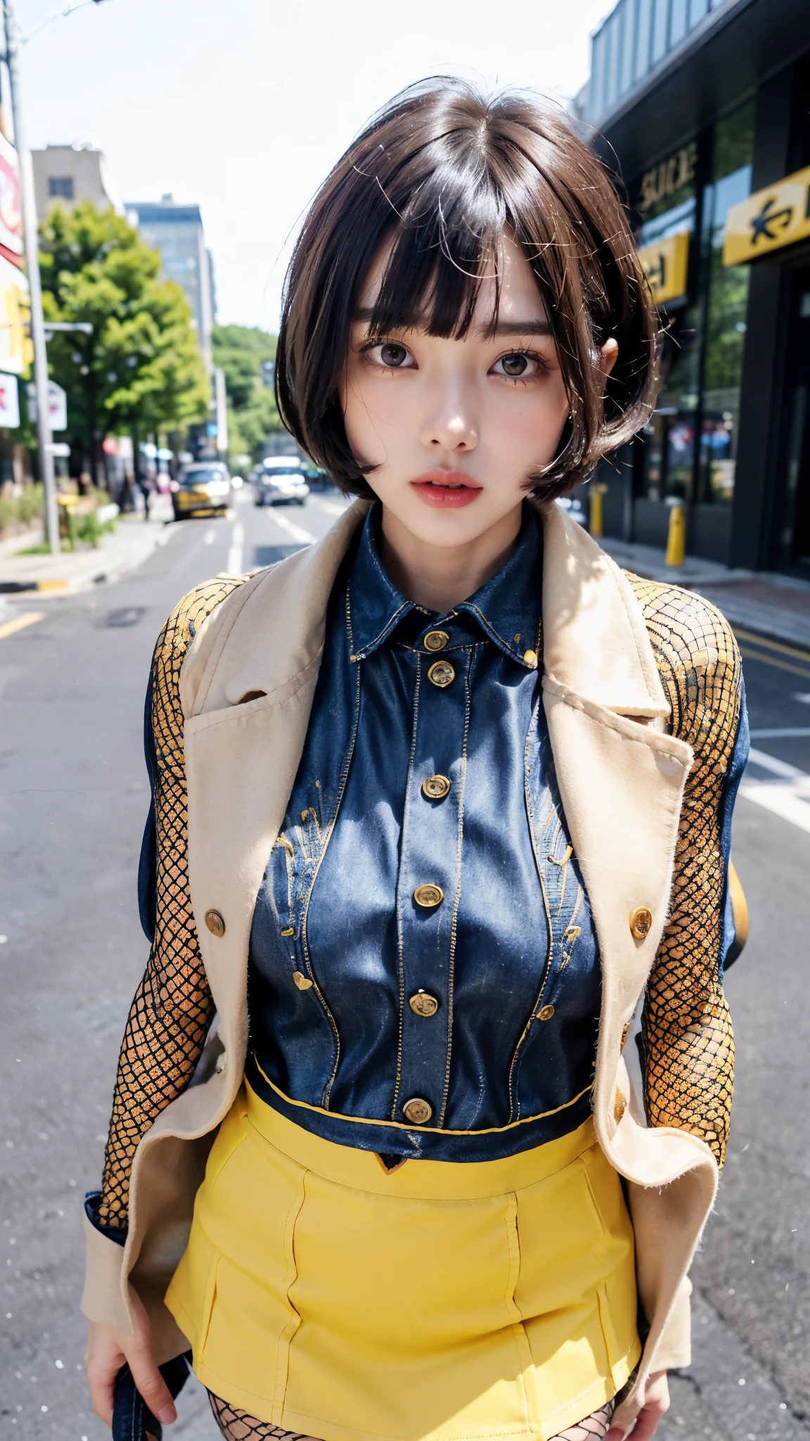 Adorable woman similar to Anzu Nakamura、height 170cm,Sharp and sharp face,((very beautiful slender body:1.3))、((denim collared shirt and、yellow khaki colored chester coat:1.4)),((enamel black mini tight skirt and black fishnet tights:1.4)),amazing style gold necklace、super high image quality、Very Delicate Face, Skin and Hair、((short bob wolf cut with quick bangs that don't spread:1.4))、black hair、、hides breasts with arms、Around town、now、 Busy street 、8k photos、Japanese super cute face up、slender、 middle breasted 、 eyes and nose are clear 、gentle eyes