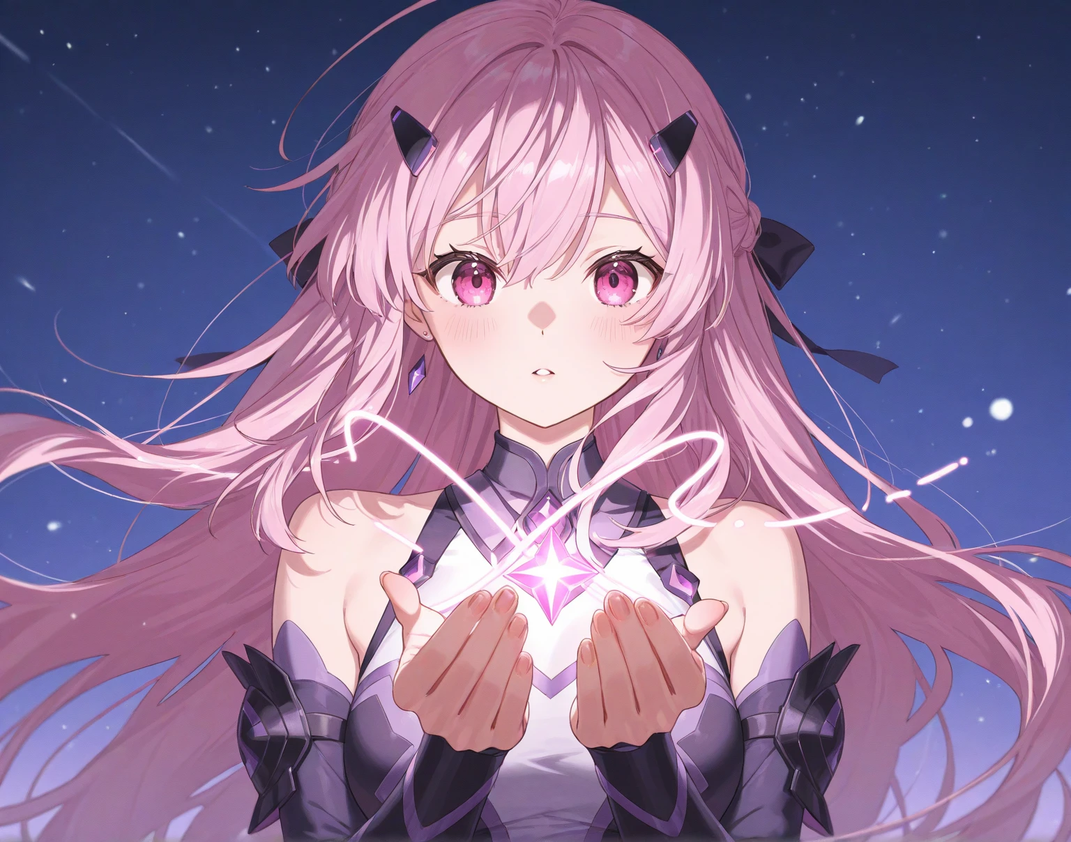 chest out, absurdres, superfine illustration,rainboweffect, highres, ultra detailed,light diffusion,highly detailed light reflection, kaleidoscope, harmonious, best shadow, highly detailed very beautiful big smile face, ;D, beautiful growing crystal diamond star pupil,look at viewer, beautiful detailed hair, solo, dynamic pose, beautiful detailed pink and black ribon, beautiful detailed High school uniform, Fantastic and the whole shines and shooting star and the wind is strong in detail background
