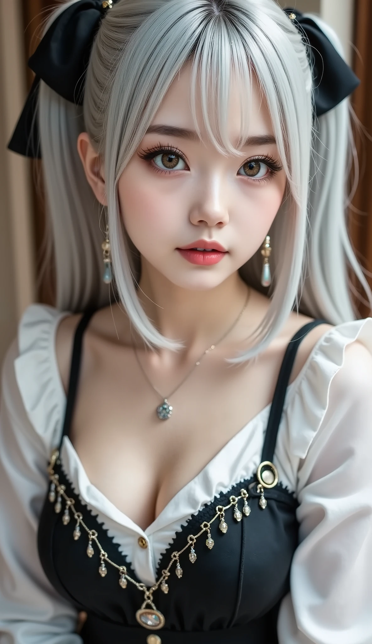 perfect figure beautiful woman:1.4,Layered Hair Style,Protruding cleavage,Gray 2D costume:1.5,Highly Detailed Face and Skin Textur,二重まぶた,Whiten the skin,long whitr hair