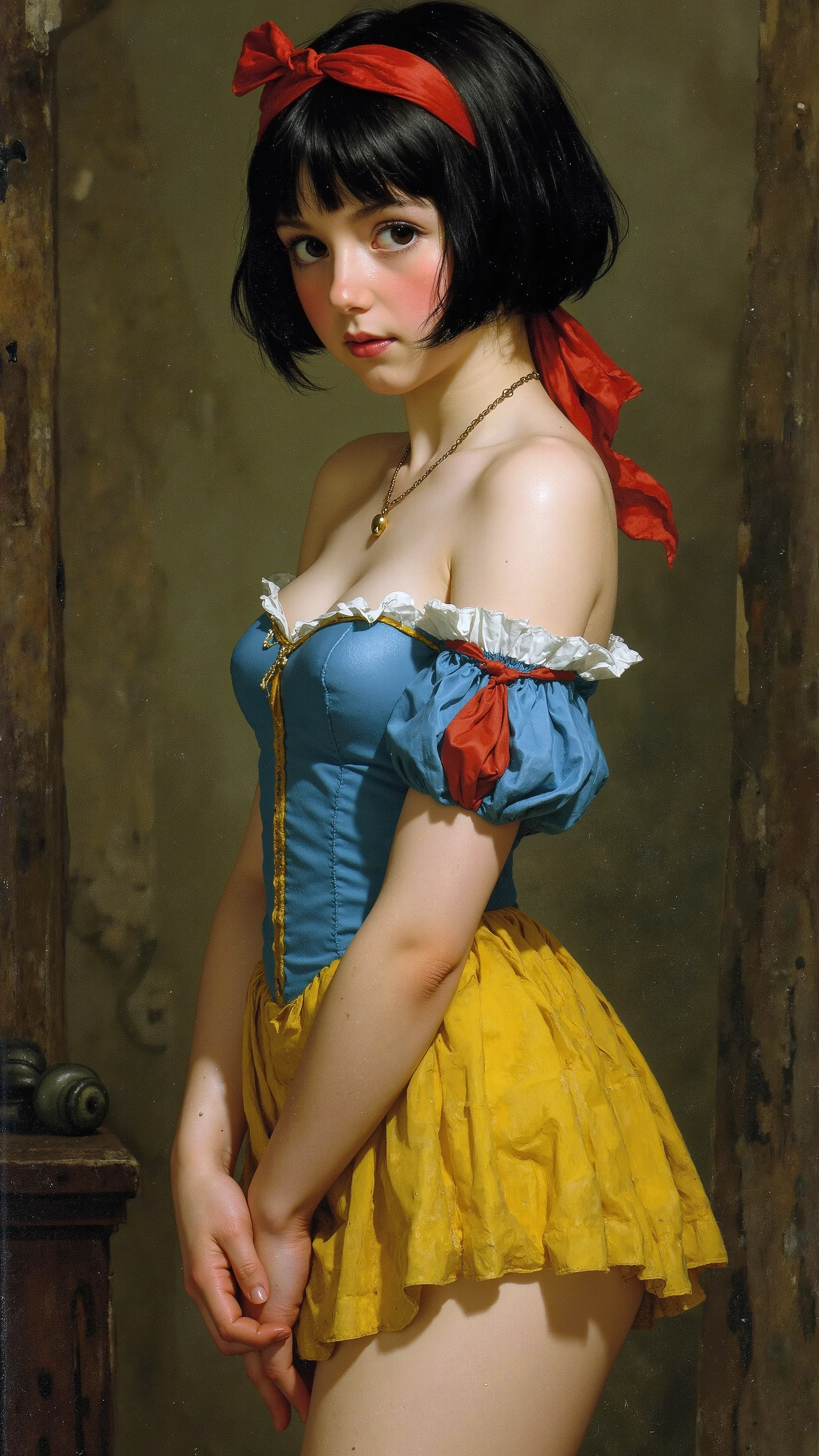 ((NSFW)),
19th Century style,
Full body,
Old photo,
1girl, 7guys,
Early summer in 17th century Germany,
Young Snow White, Snow White is ,
She has black bob hair with a red ribbon,
She wears a blue bodice and a yellow mini skirt,
((Seven dwarfs found Snow White who had had her heart removed and abandoned in the forest)),
The dwarfs raped Snow White's many times,