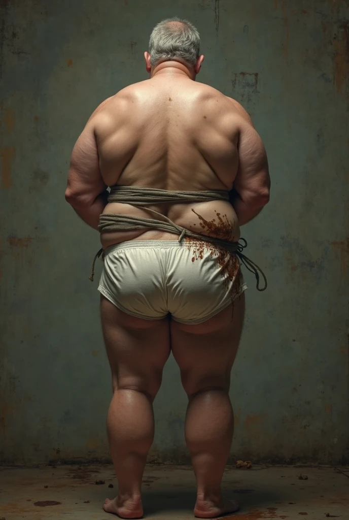 Photorealistic middle-aged obese Japanese male、Single eyelid、50th Generation、Metabolic、Short black mustache、Short black buzz cut、Square face、whole body、Fat-laden muscle bear、Homosexuals、Full Body、Fat and hulking、Thick, short legs with muscle and fat、Short, thick arms with muscle and fat、Square, thick face、Round waist with muscle and fat、A thick belly with muscle and fat、Dark, tanned skin、Hairy、Large chest and thick waist due to muscle and fat、Thick boar neck、Thick Ass、A firm, taut and plump body、M-shaped baldness、Middle Age、Yellow race and dark skin、Metabolic、father、Father、father、Thin hair、has narrow eyes、Erotic、He was wearing white briefs and had some urine stains around his genitals.、Standing with one arm folded behind his back、The whole body is bound with a thick rope.、Side view, facing towards the viewer、Ultra-realistic high quality、Highest quality, Anatomically correct, Ahegao, tears, I want to cry, Character portrait, Open your mouth,