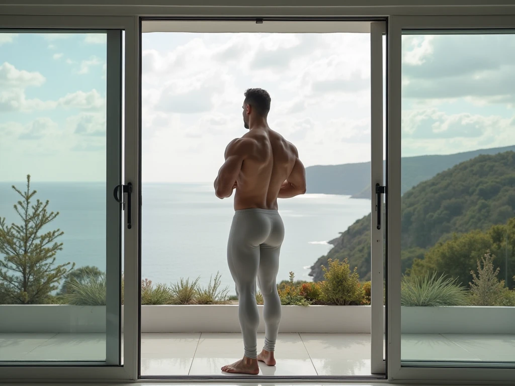 Ground-Shot Angle, Looking down at figure from knee level, from behind we see a 15-year-old boy in full height with (short blond hair), he looks at the city from the edge of the roof of the building, there are low buildings around, we see him from behind in full height, (classic white briefs underwear without labels), (detailed male ass:1.2), broad shoulders, narrow waist, v-shape figure , focusing on his back, (we don't see his face), fantastic sunset, evening sunset, dramatic sky
