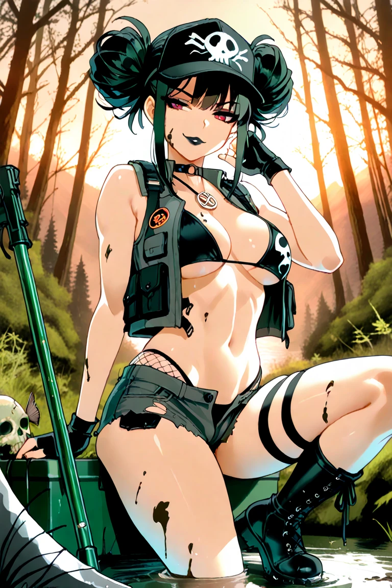 girl, , ligh green hair, short haircut, purple eyes, short overalls, tattoed arm,, half naked, sexy clothing, sensual, in dark forest, holding chainsaw, looking at viewer, sinister sensual smiling, no underwear , blood in the body