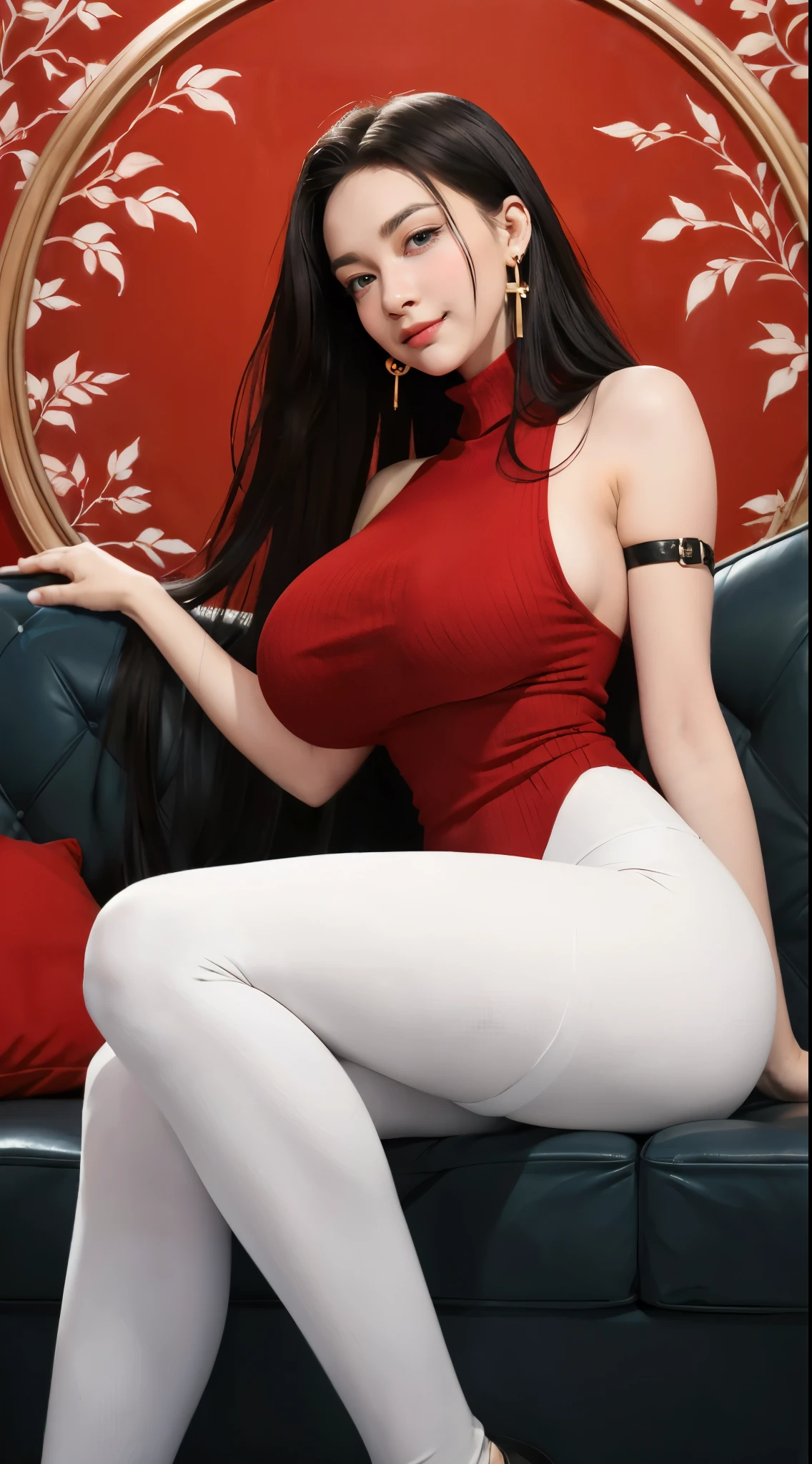 ((woman made of pure porcelain)), white porcelain skin geisha doll with beautiful red lips and blue eyes, red face paint, large tits, black (porcelain) hair raised in edo style hair do, she is wearing a red silk kimono with open top revealing a pair of smooth porcelain large saggy tits, she has a sexy waist, sexy thick hips, sexy thighs, sexy legs and sexy clean porcelain feet, she sits in a dojo with sexual intention and sexual gratification on her mind, perfect body, cracked skin, crack, hour glass figure