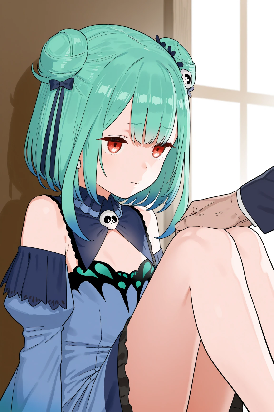 dark blue hair,,long hair,purple eyes,pointy ears,elf,tall,red dress suit,bondage,tied up,bound,tied wrist,tied legs,(((blindfold))),blush,wet,sweat,rope.collar,leash,on the bed